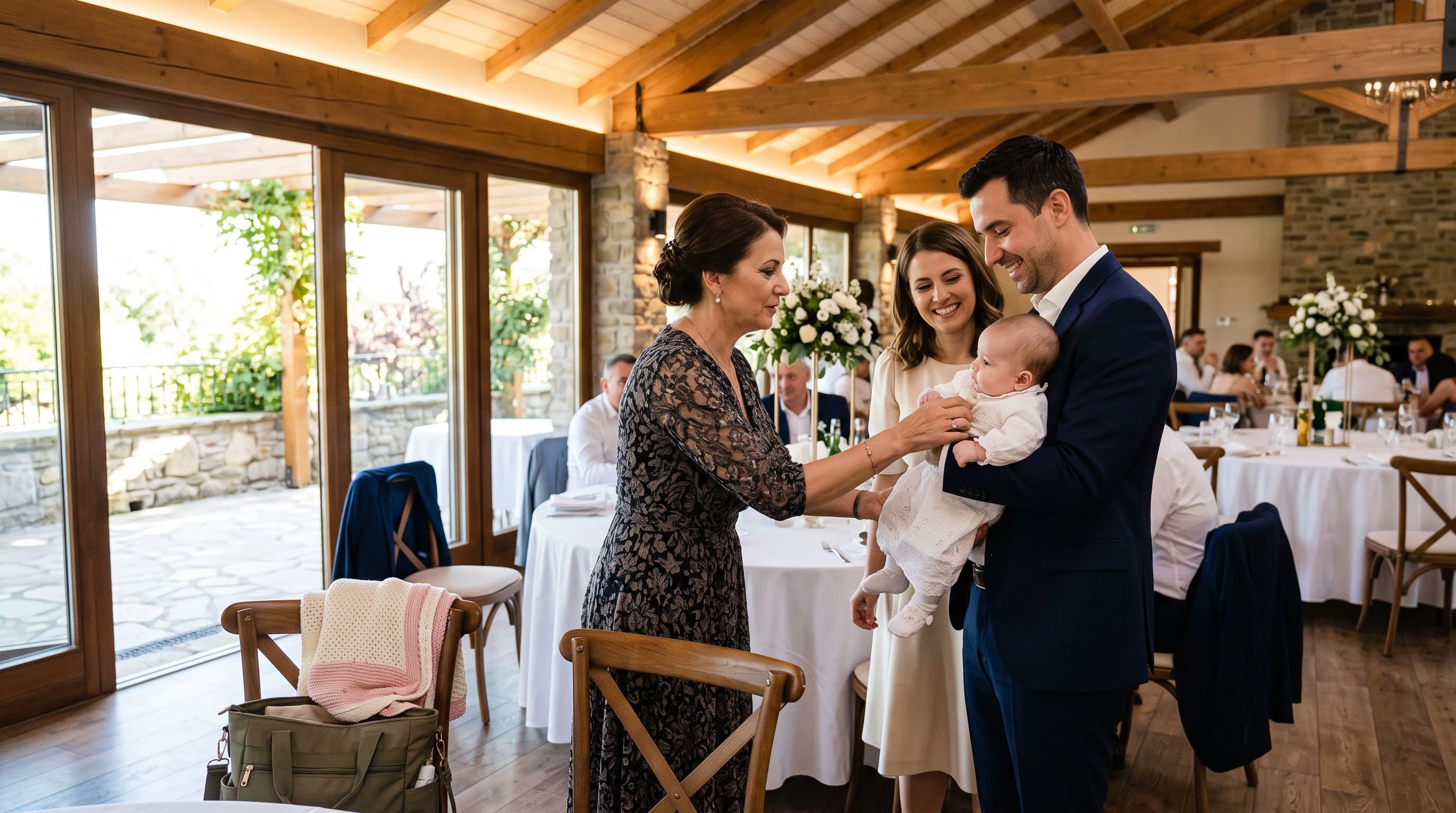 A godmother passes a fully dressed baby to the father in an event hall, with the mother smiling beside them