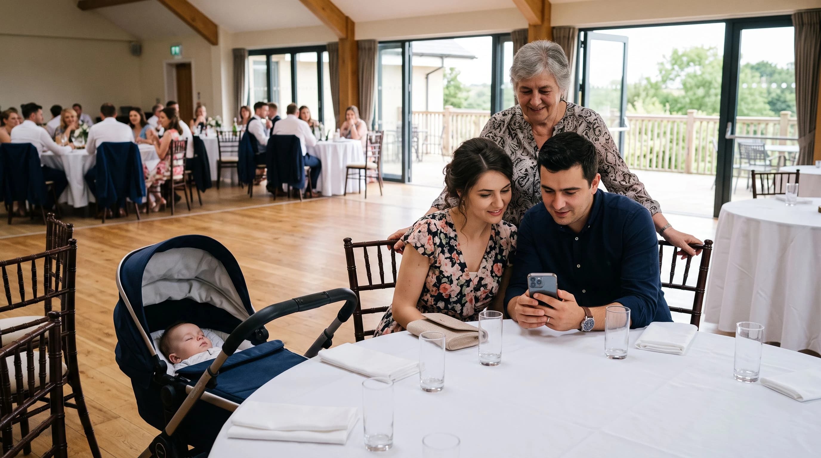 Three adults look at a phone at a table in an event hall, with a pram beside them