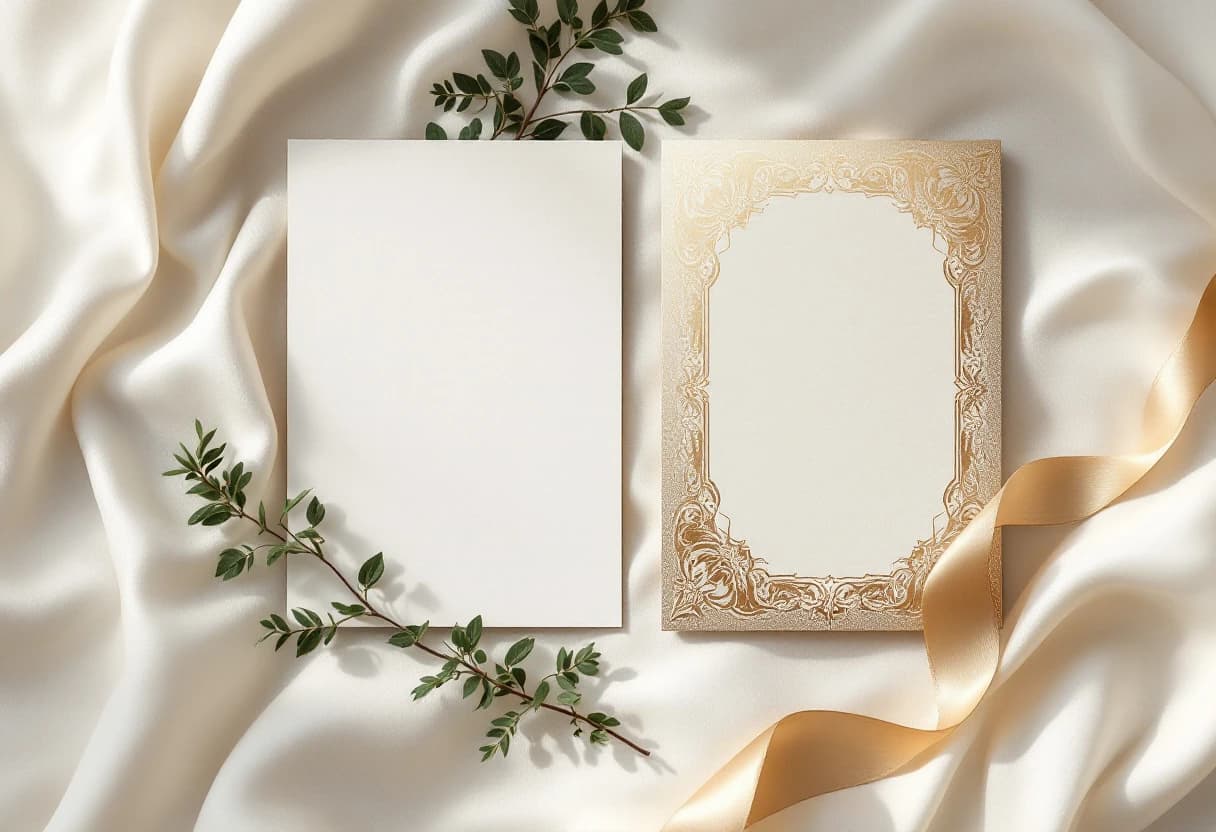 Invitație simplă de hârtie albă lângă o invitație premium cu margini aurii ornate — comparație gratis versus plătit