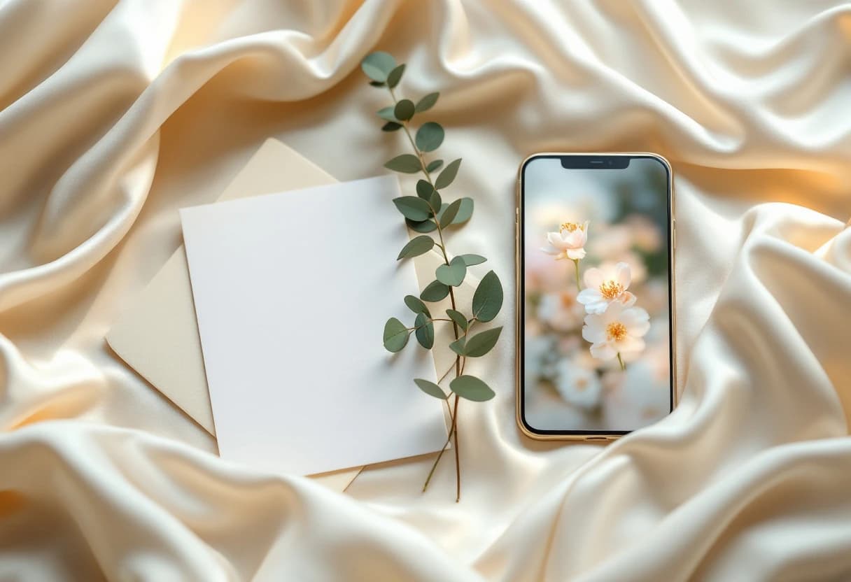 Invitație clasică de hârtie cu plic lângă un telefon cu invitație digitală florală — tradițional versus digital