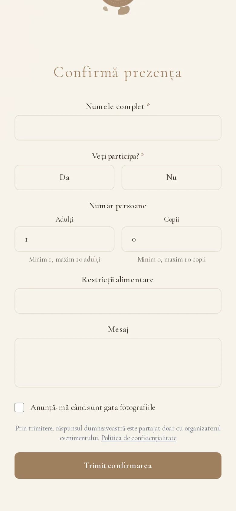 Formularul RSVP de pe invitația demo