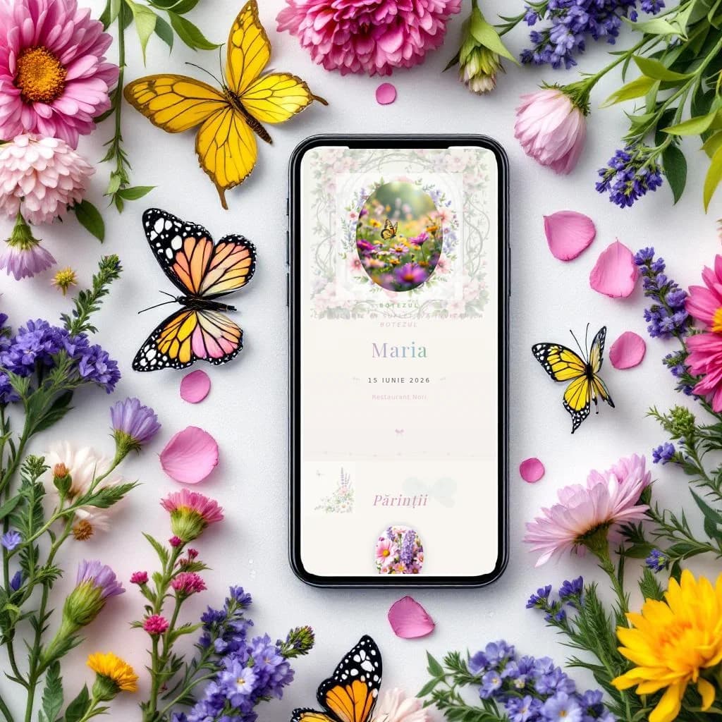 Fluturi — invitație digitală de botez