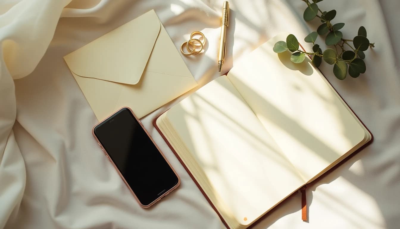 Cream wedding invitation envelope, a face down phone, an open notebook and two gold rings on ivory linen