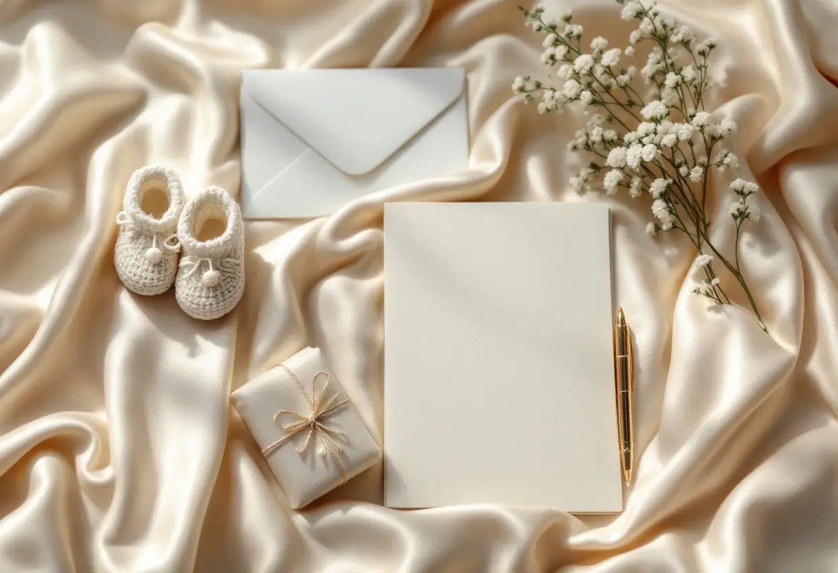 White knitted booties next to an envelope, a christening invitation and gypsophila, planning the christening budget