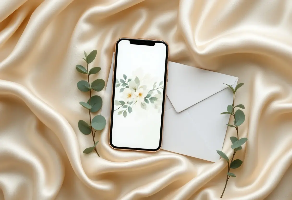 Phone showing a floral digital invitation next to a classic paper envelope, on cream silk