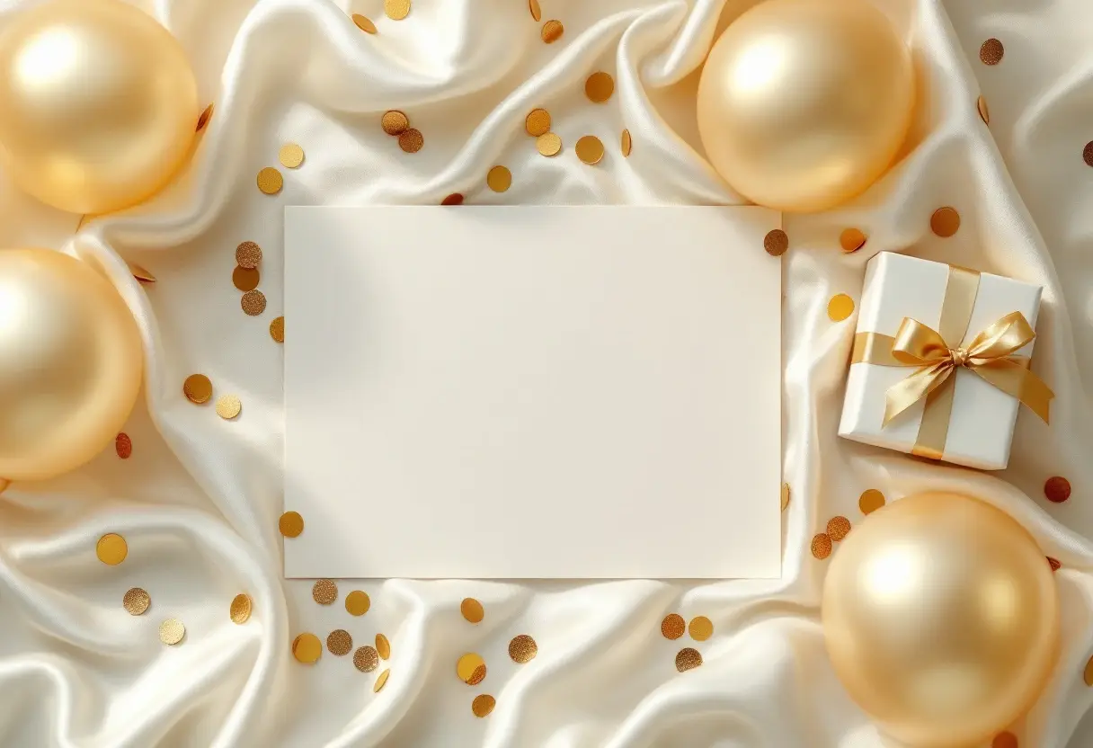 Birthday invitation with gold balloons, confetti and a gift with a gold ribbon, on white silk