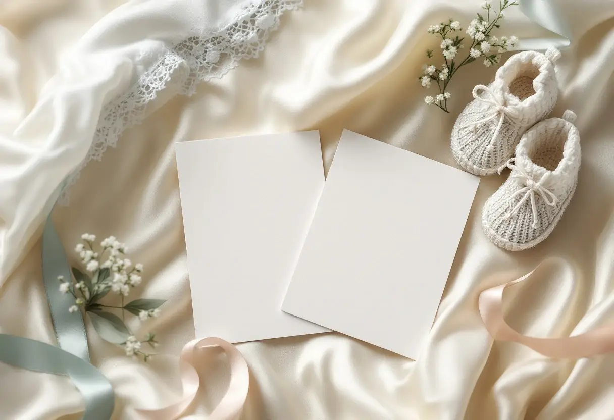 Two christening invitations next to knitted booties, lace and blue and pink ribbons, on silk