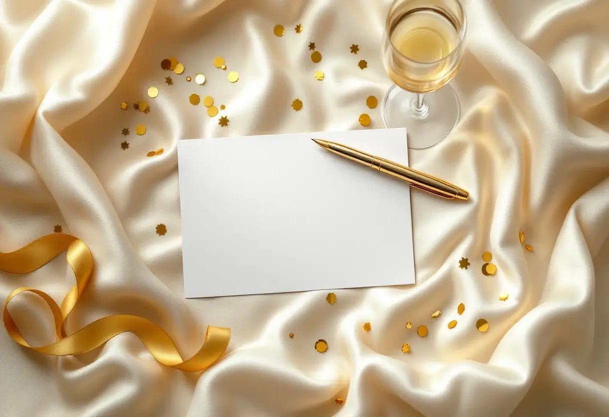 Gold pen on a birthday invitation, with gold confetti, a champagne glass and a ribbon