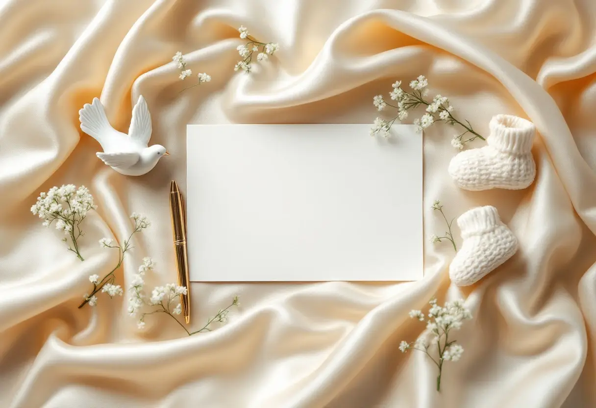 Gold pen on a white christening invitation, with a white dove, knitted booties and gypsophila