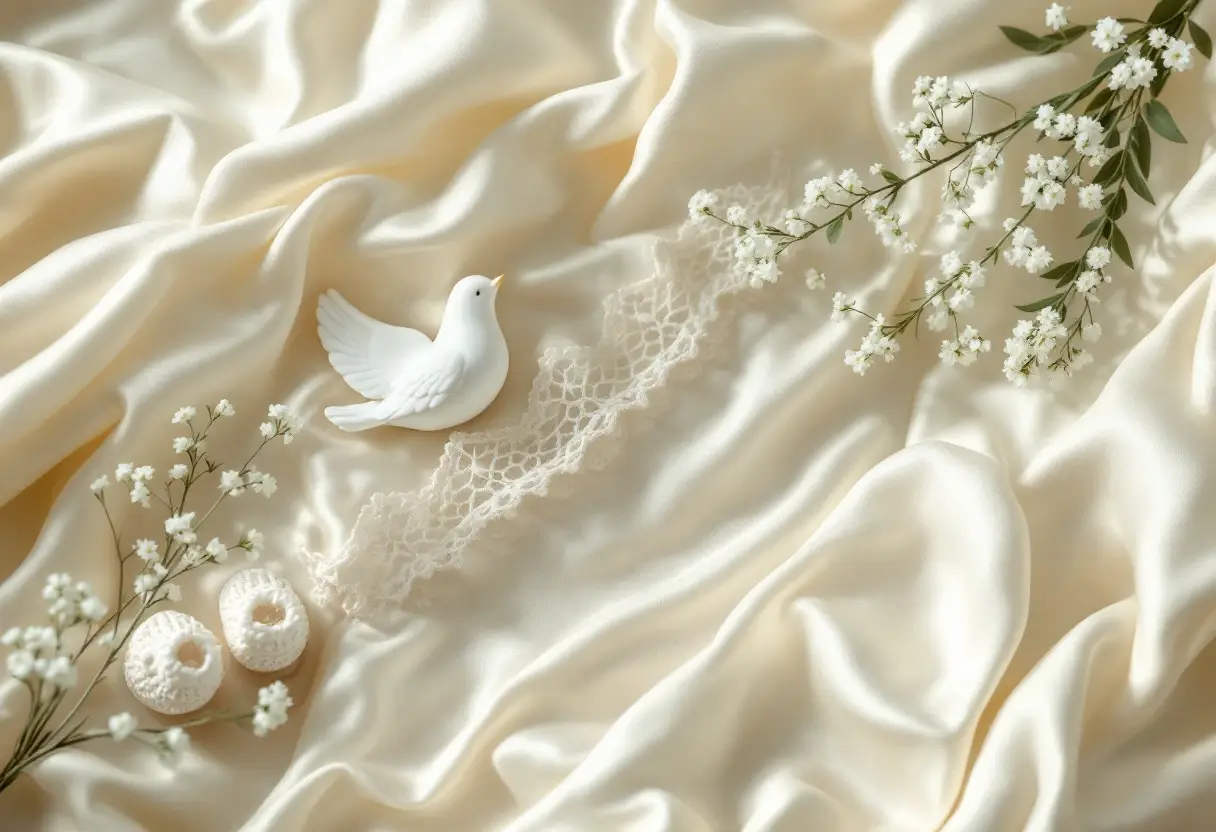 White ceramic dove, knitted booties and the lace of a christening gown, on ivory silk