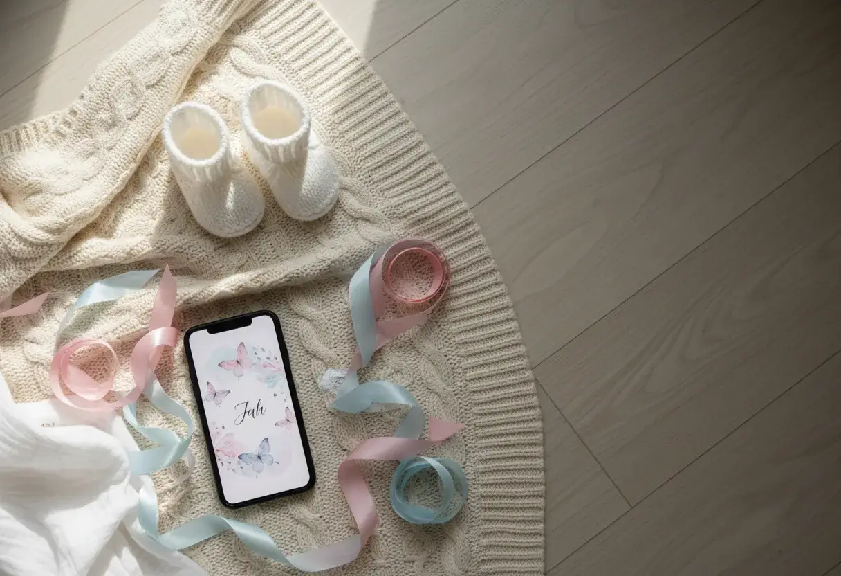 Phone showing a pastel digital christening invitation, next to white booties and pink and blue ribbons on a soft blanket