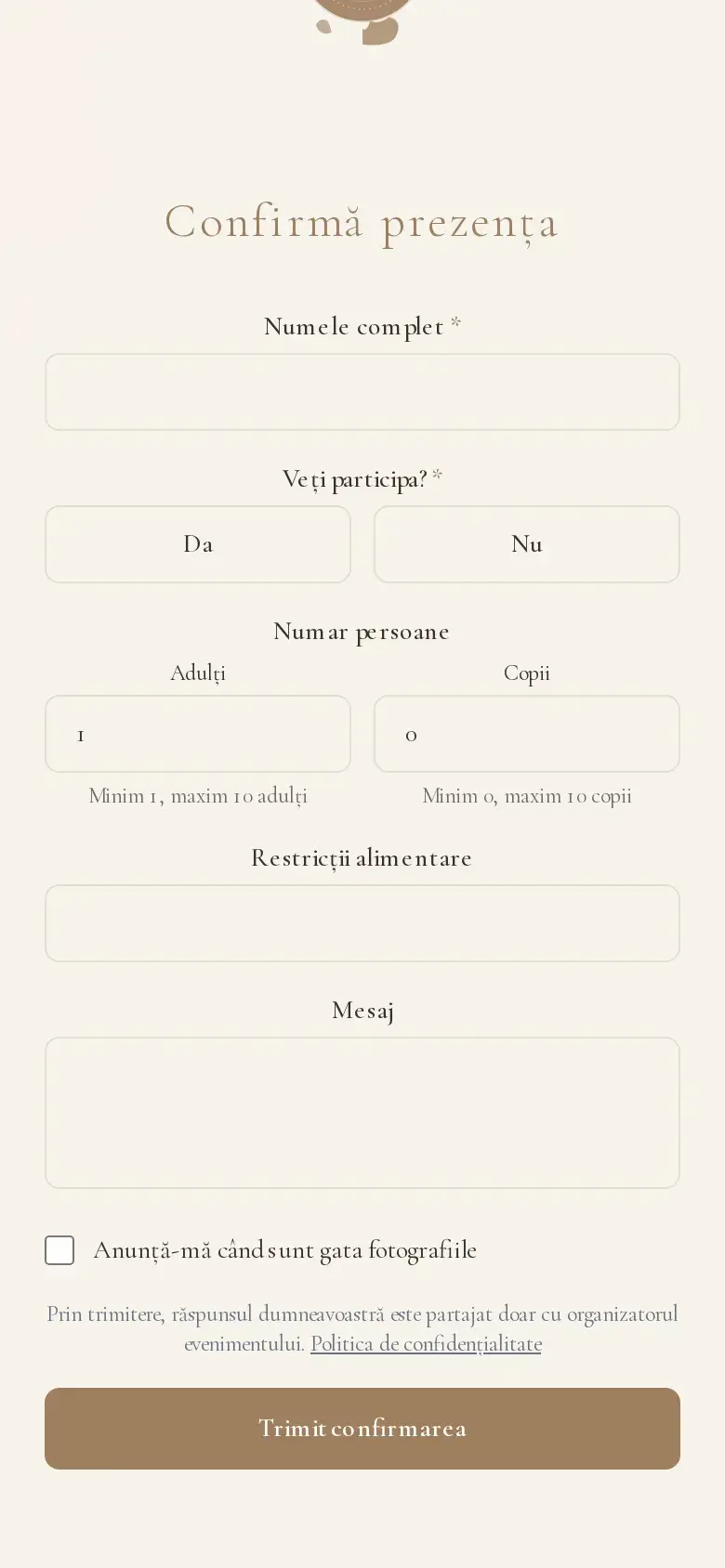 Formularul RSVP de pe invitația demo