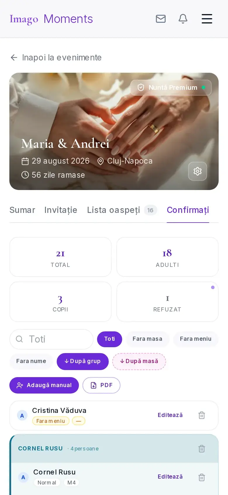 Lista confirmărilor cu meniuri și mese