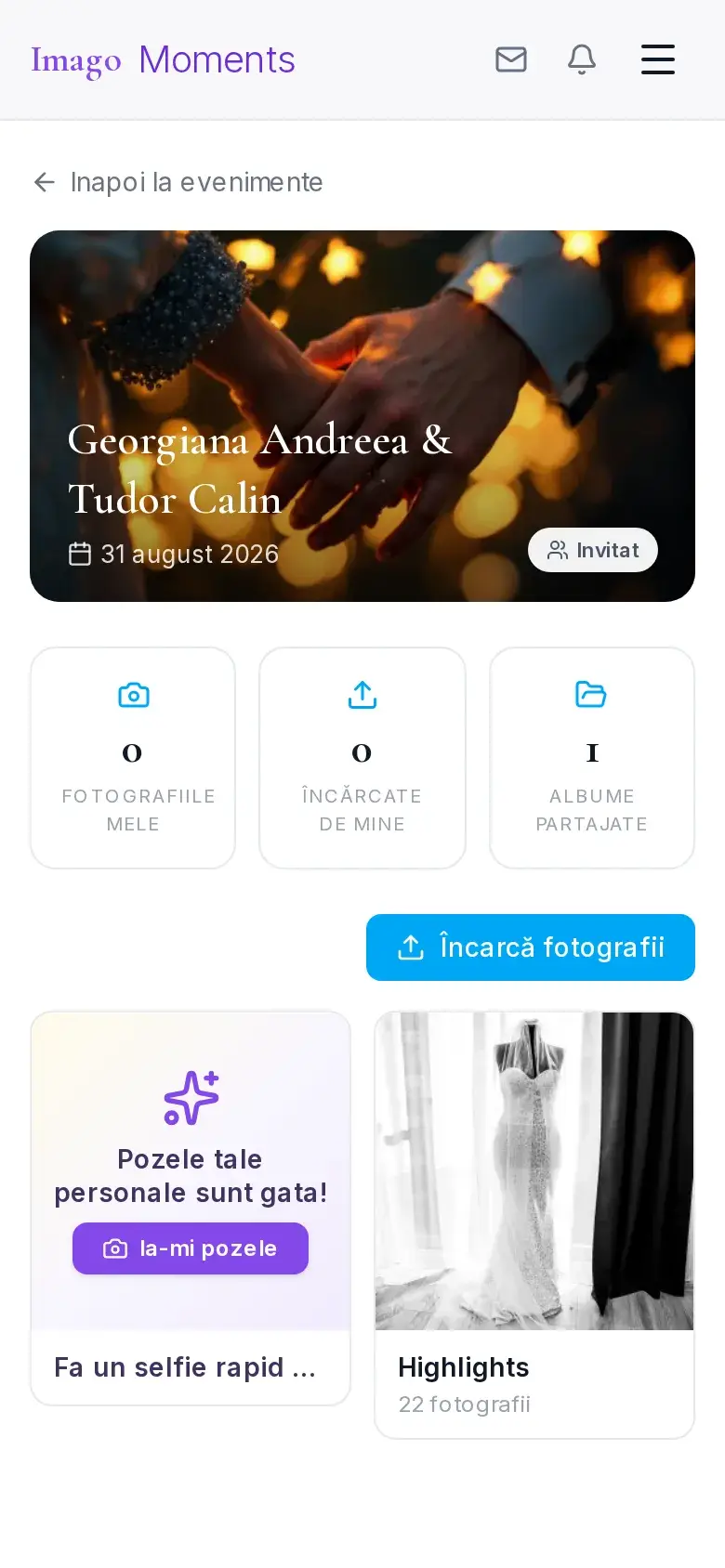 Vederea invitatului: cardul «Pozele tale personale sunt gata!» cu butonul «Ia-mi pozele»