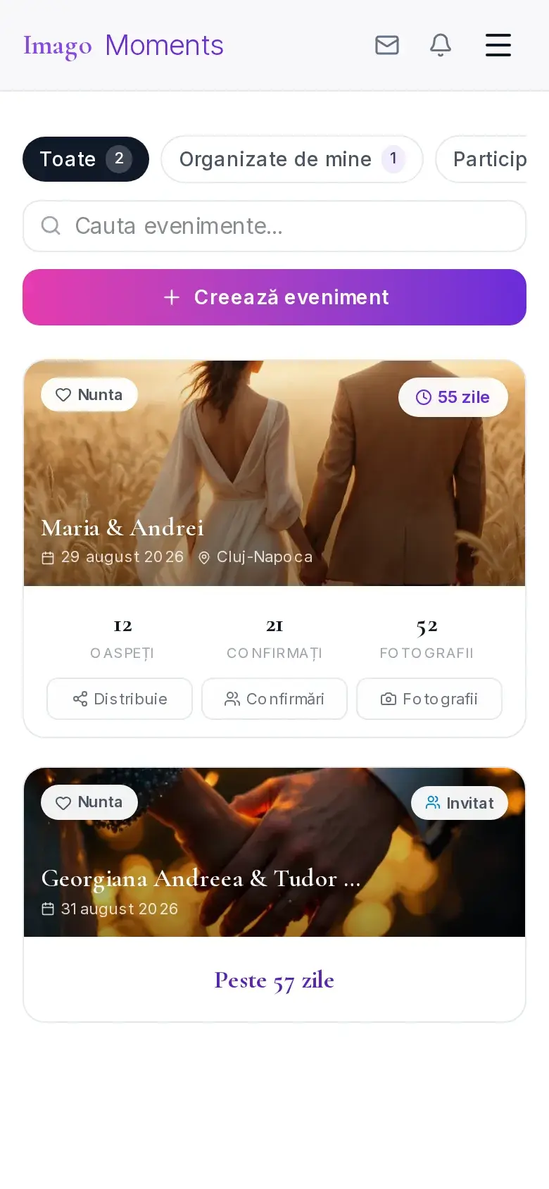 Telefon cu lista evenimentelor din cont — unul organizat, unul ca invitat