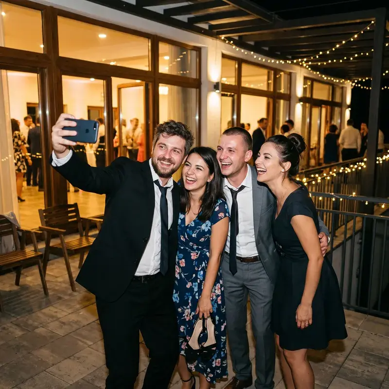 Ilustrație: invitați fac un selfie pe terasă