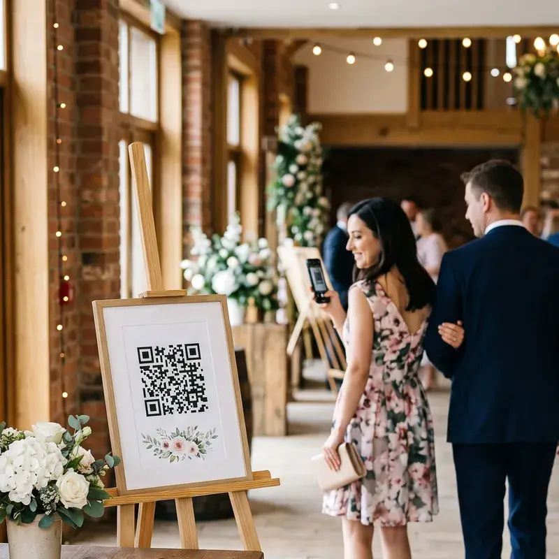 Ilustrație: card cu cod QR pe un șevalet, la intrarea în sală