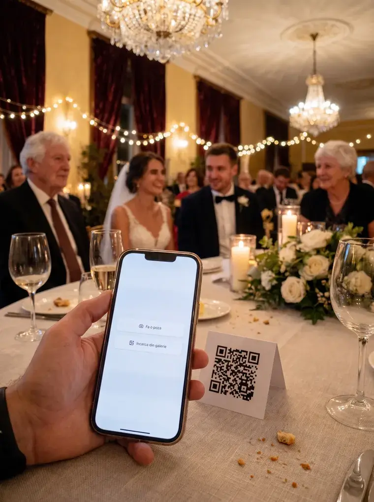 Invitat la masă ținând telefonul cu pagina de încărcare deschisă, lângă cardul QR