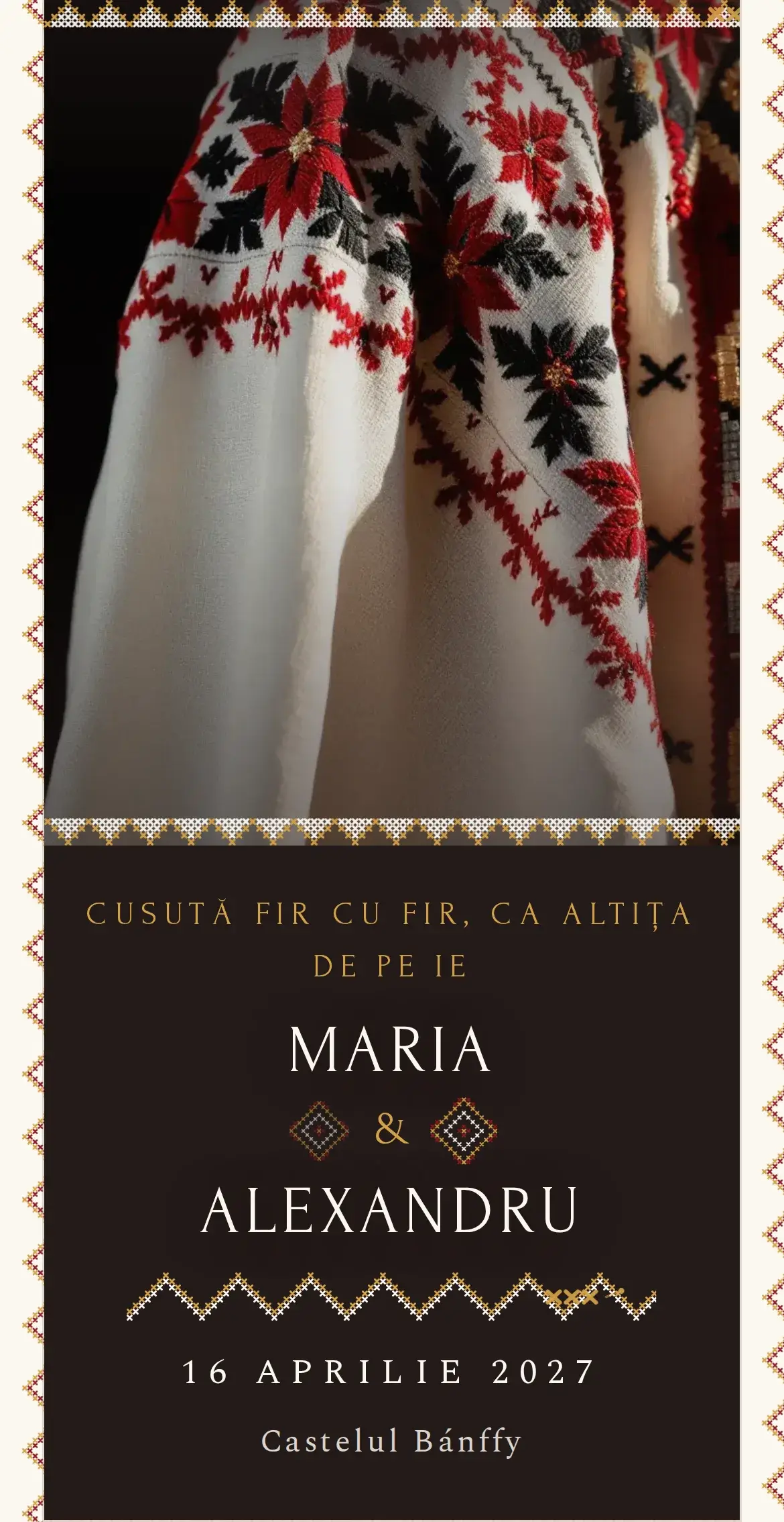 Invitație digitală de nuntă cu macro de altiță cusută în roșu, negru și fir de aur pe o ie de in țesut manual