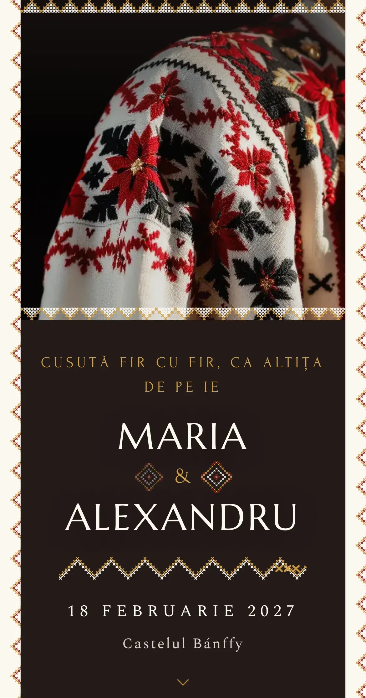 Invitație digitală de nuntă cu macro de altiță cusută în roșu, negru și fir de aur pe o ie de in țesut manual