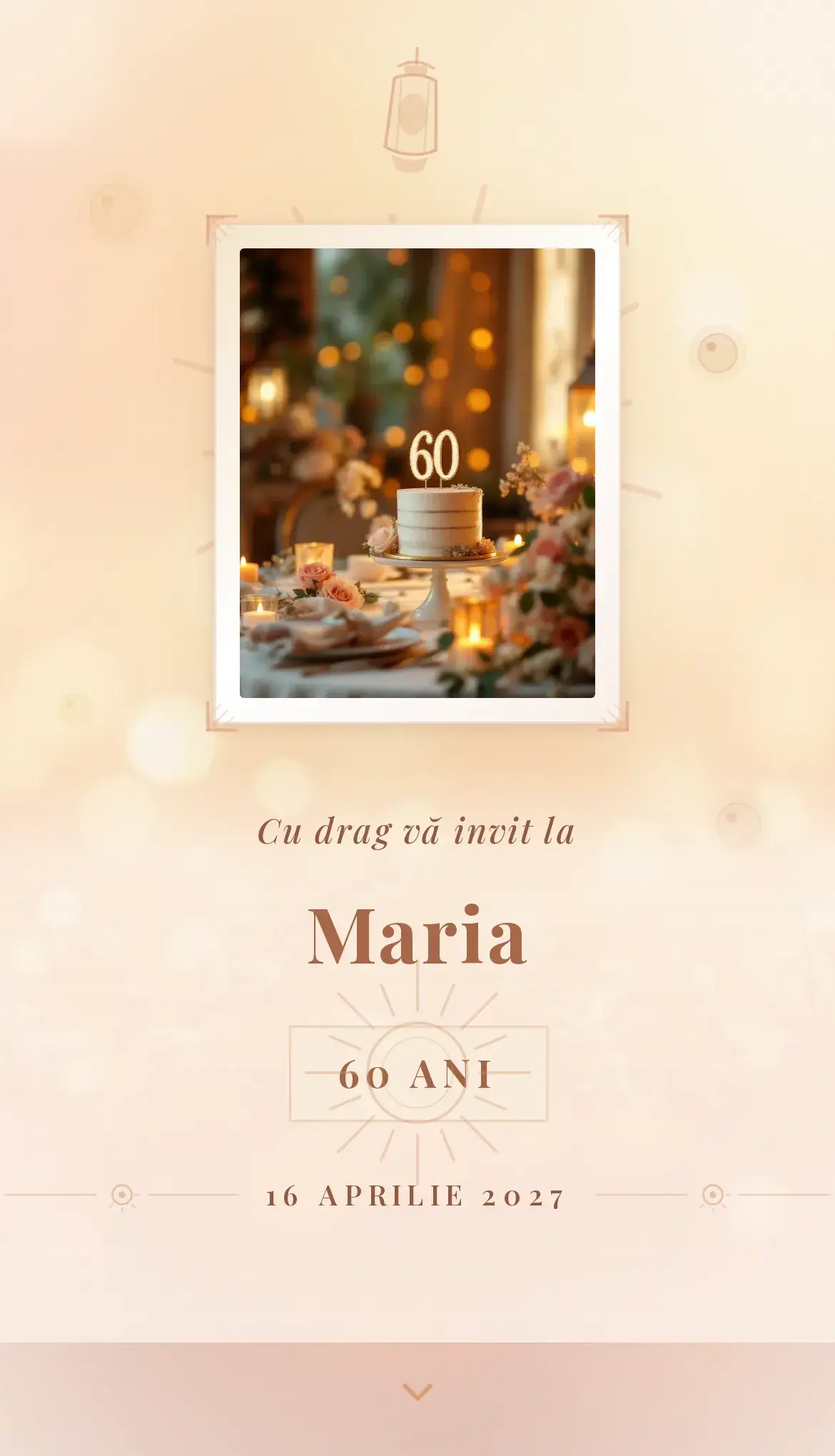 Invitație digitală de aniversare de 60 de ani în lumina caldă a amurgului, cu accente aurii de chihlimbar
