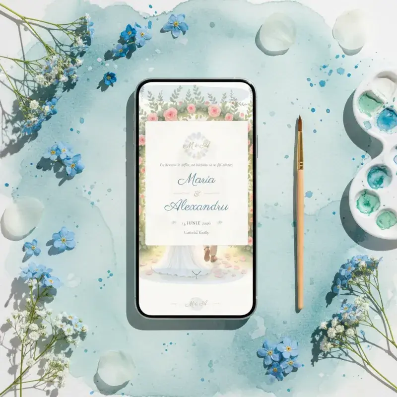Invitație nuntă digitală model Aquarelle cu RSVP