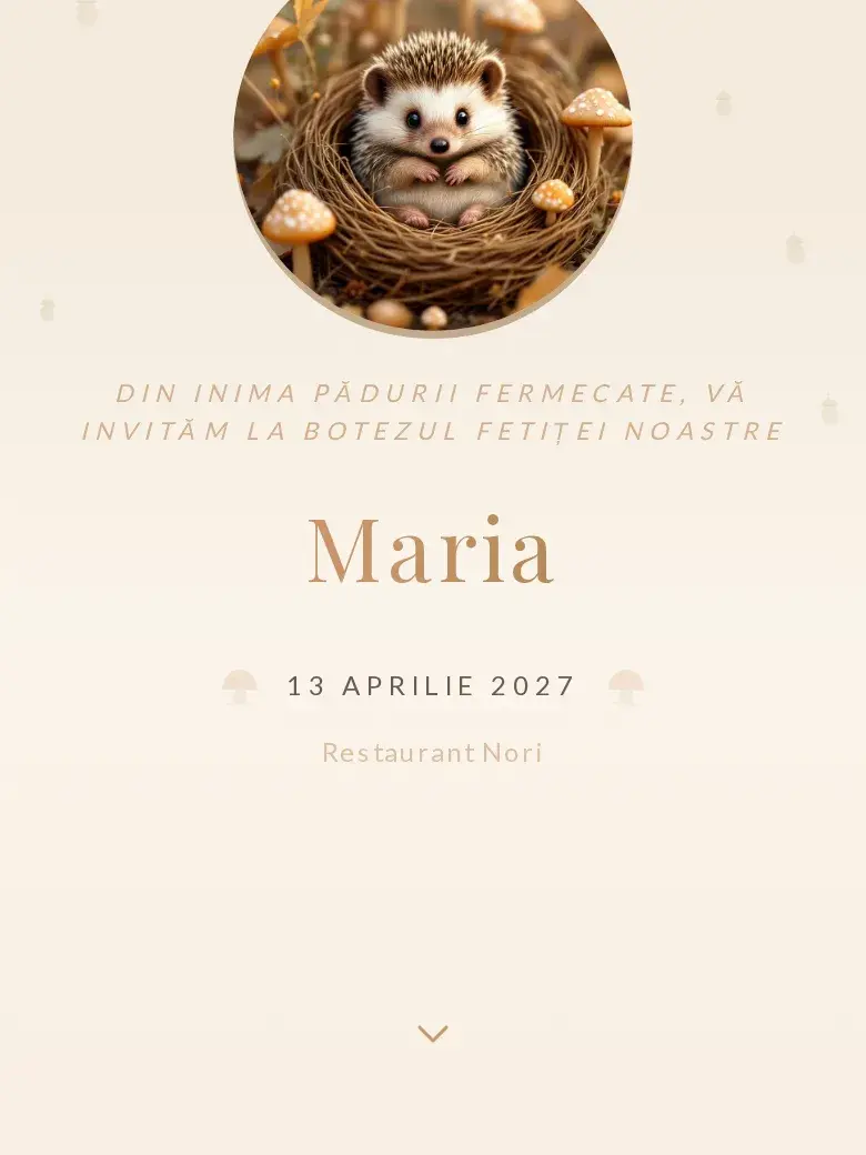 Invitație botez digitală model Arici cu RSVP