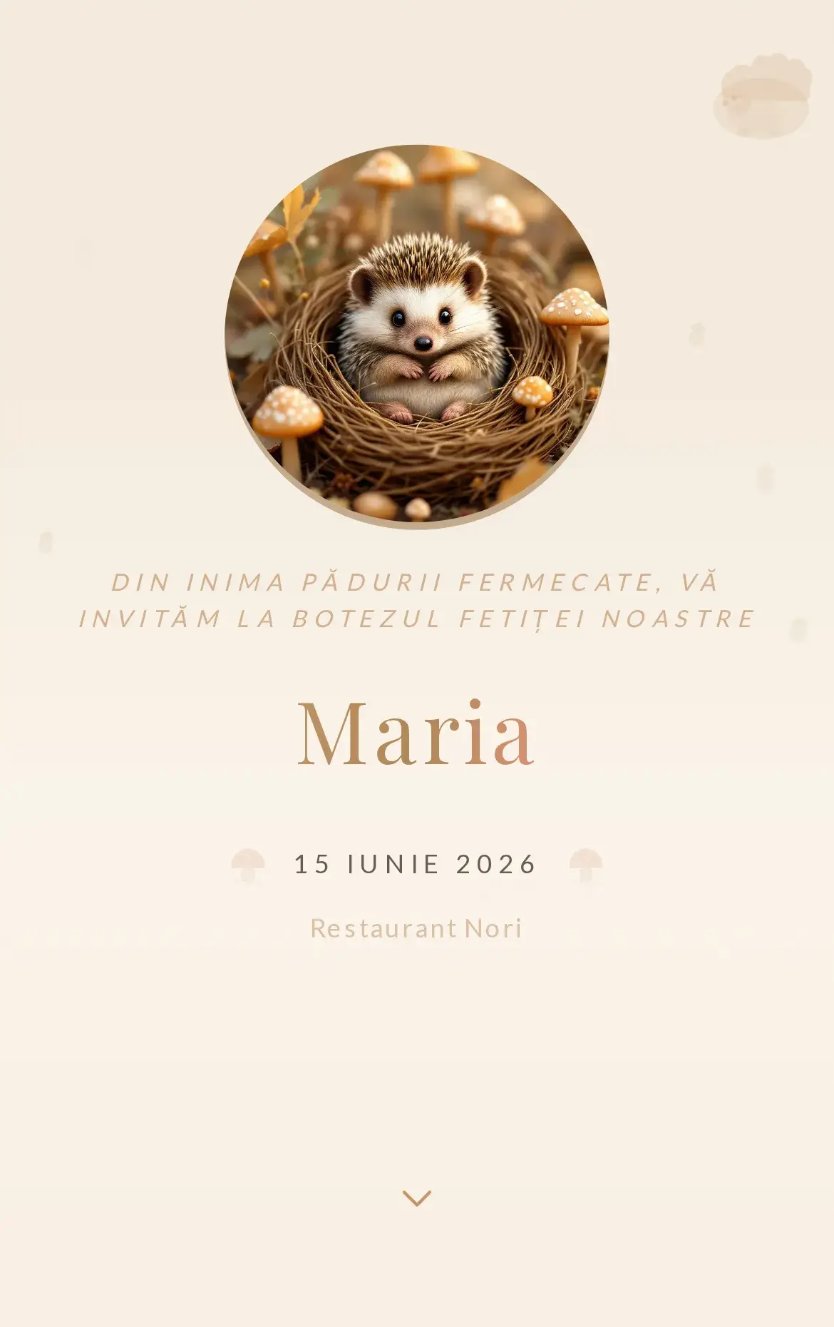Invitație digitală de botez cu un arici drăgălaș în tonuri de toamnă