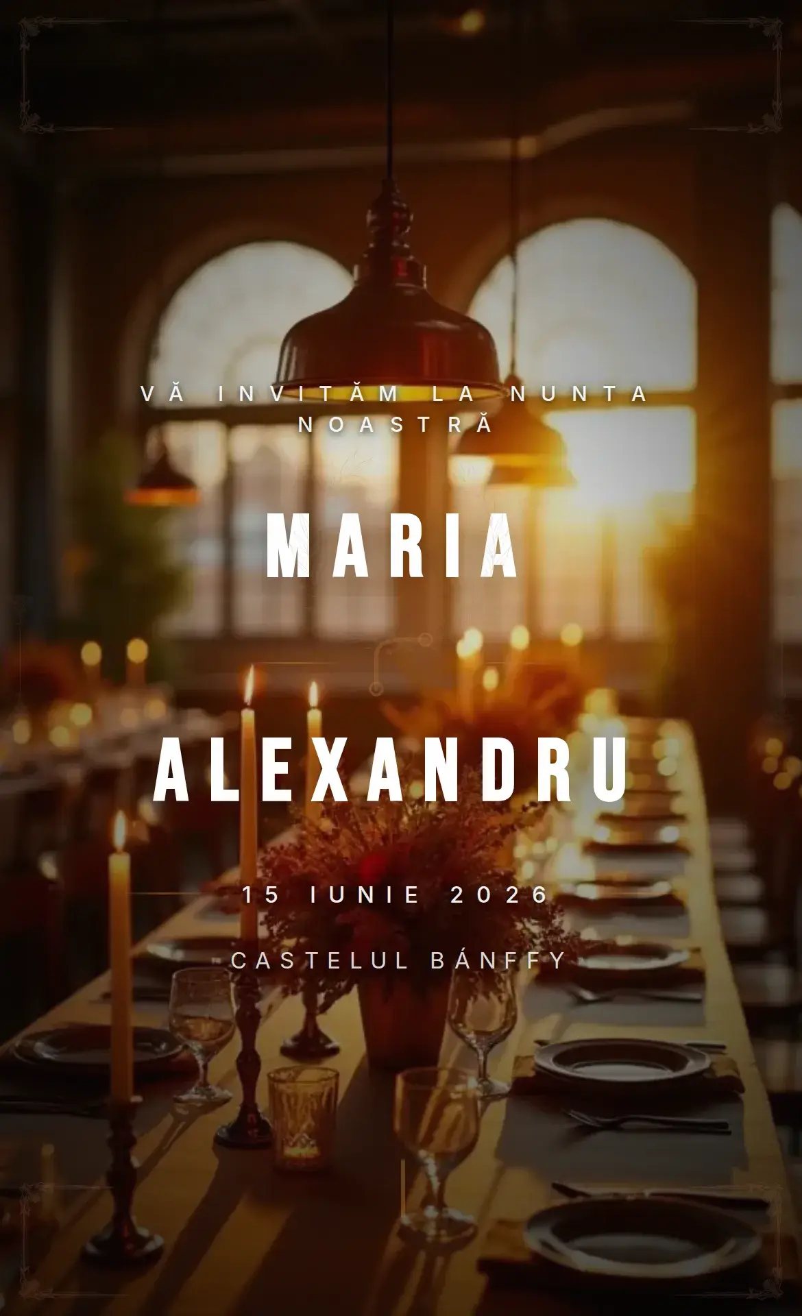 Invitație digitală de nuntă în stil atelier cu accente de aramă caldă