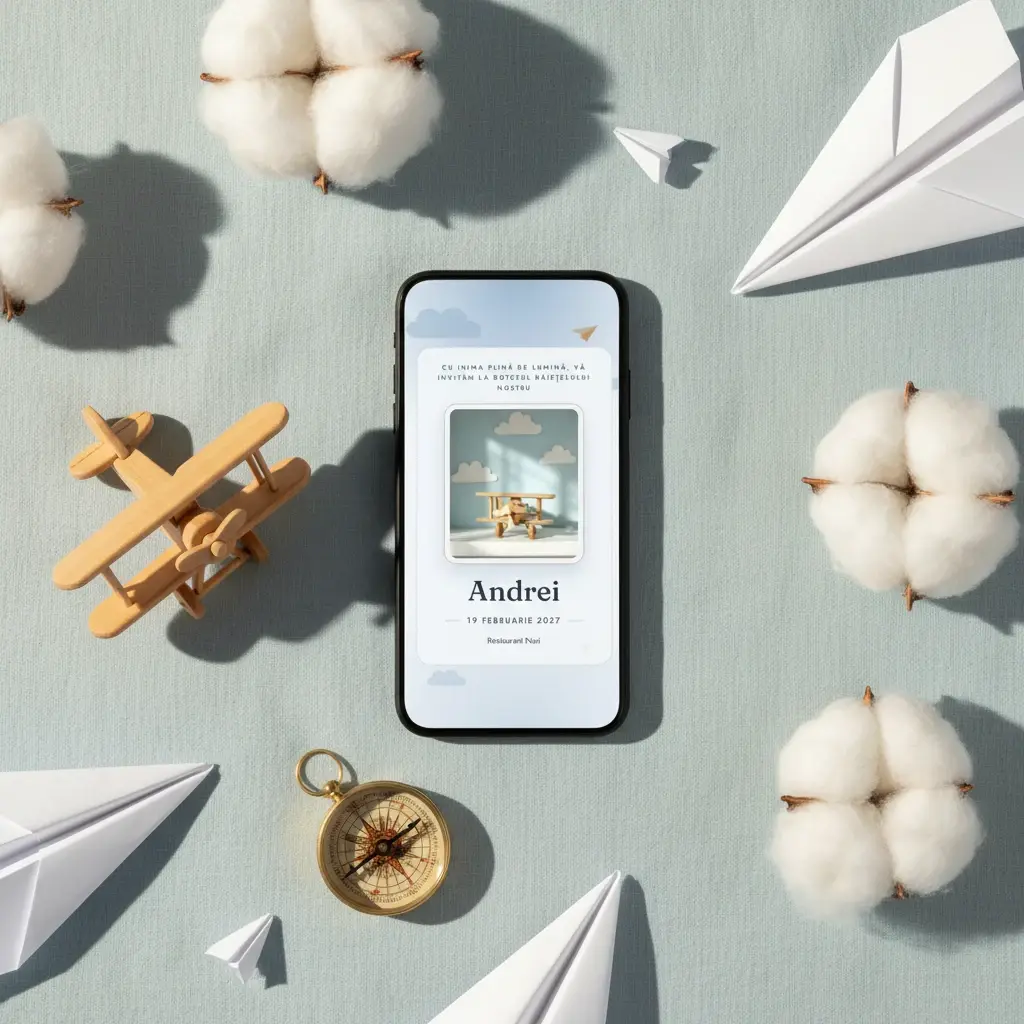 Invitație botez digitală model Avionel cu RSVP