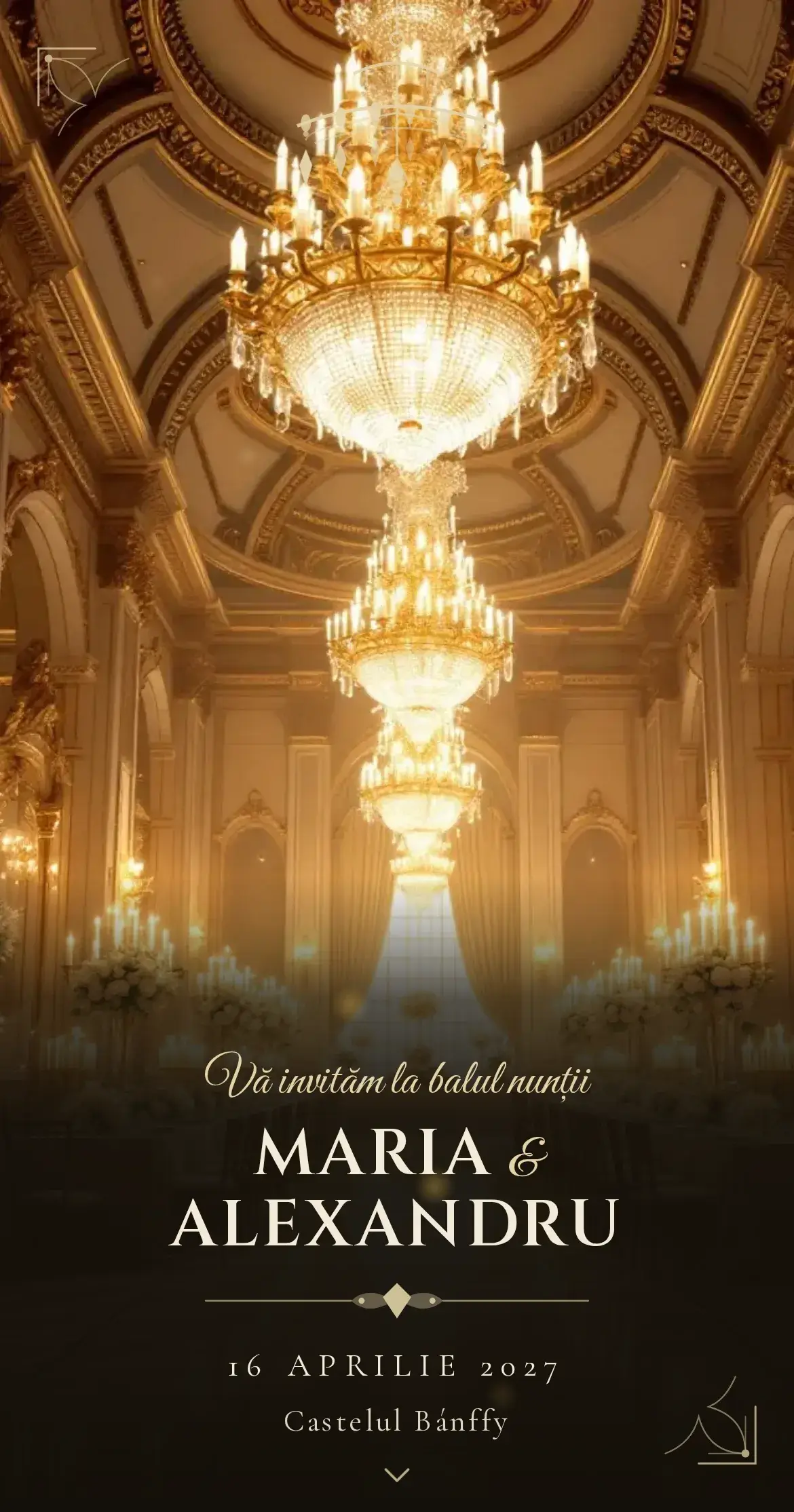 Invitație digitală de nuntă cu o sală de bal opulentă, candelabre de cristal aurii și un vals sub lumini calde