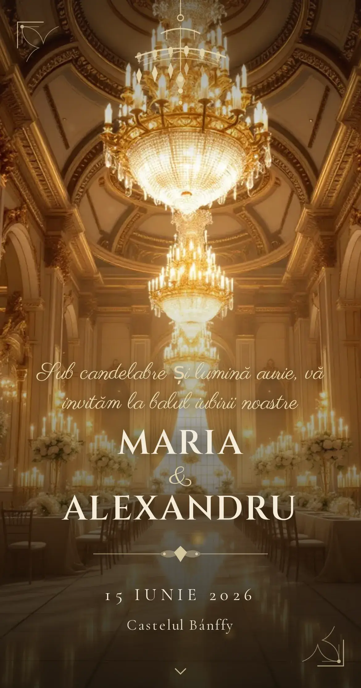 Invitație digitală de nuntă cu o sală de bal opulentă, candelabre de cristal aurii și un vals sub lumini calde