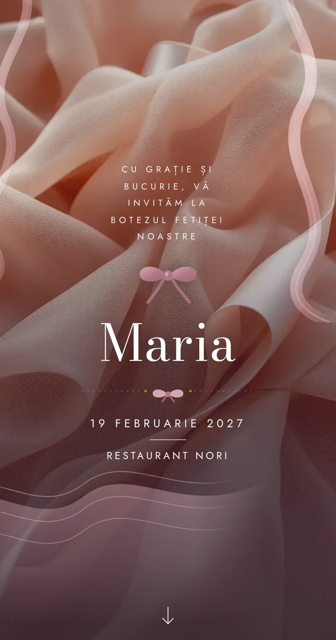 Invitație digitală de botez pentru fetiță, cu tul roz antic și panglică de satin, în stil atelier de balet