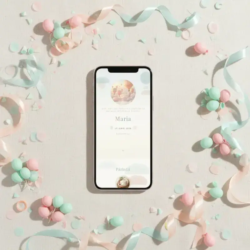 Invitație botez digitală model Balonașe cu RSVP