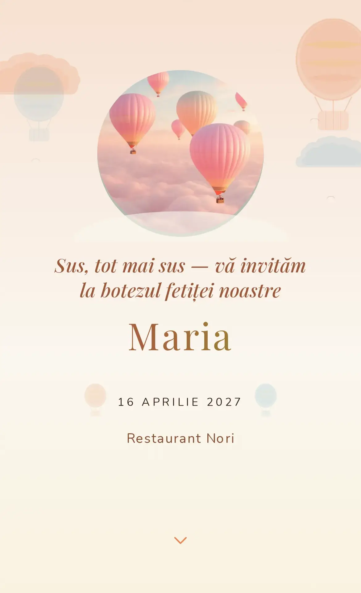 Invitație digitală de botez cu baloane delicate în nuanțe de apus