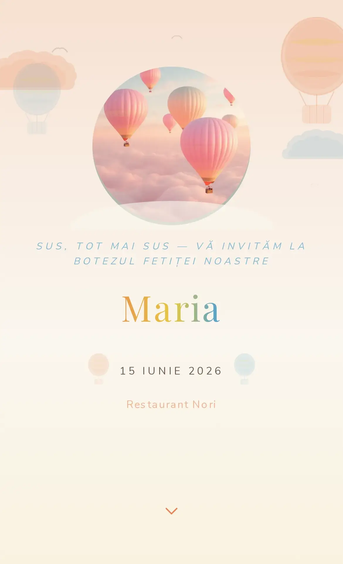 Invitație digitală de botez cu baloane delicate în nuanțe de apus