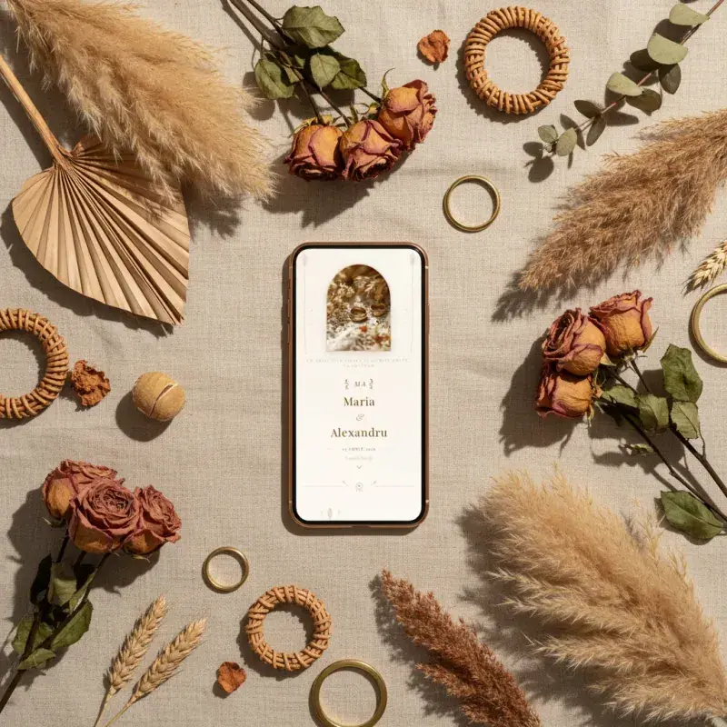 Invitație nuntă digitală model Bohemian cu RSVP