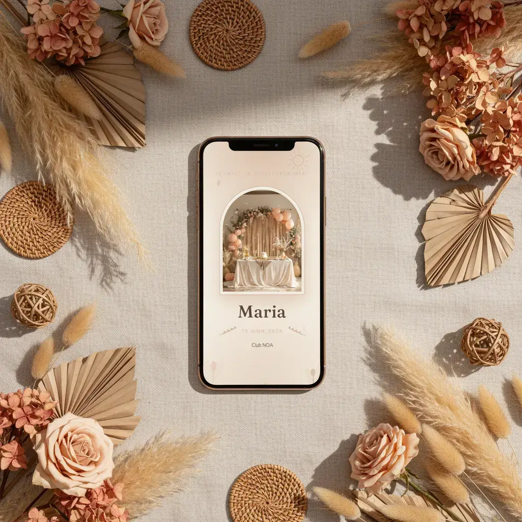 Invitație aniversare digitală model Boho cu RSVP