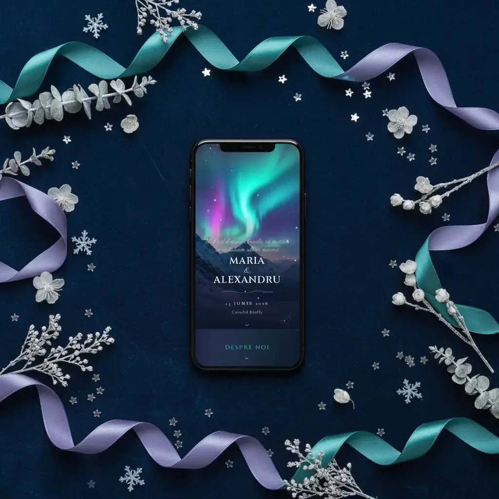 Invitație nuntă digitală model Boreala cu RSVP