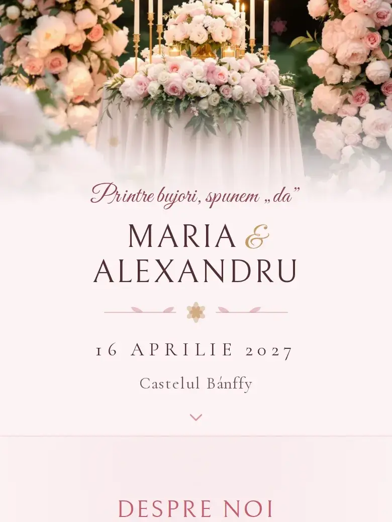 Invitație nuntă digitală model Bujori cu RSVP