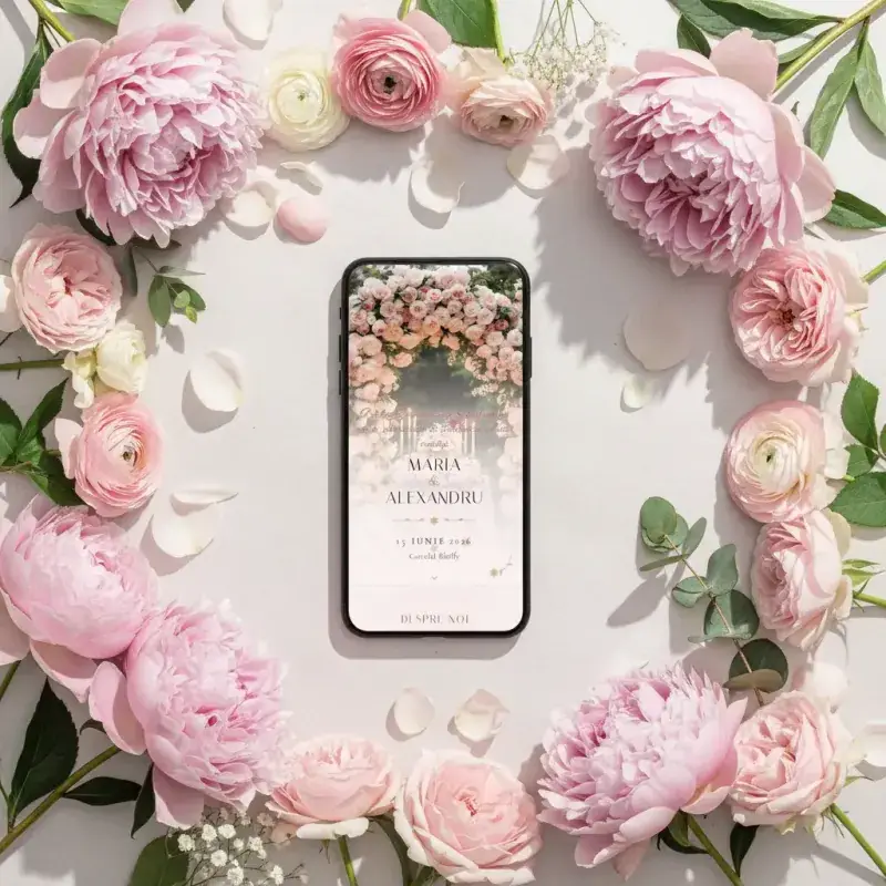 Invitație nuntă digitală model Bujori cu RSVP