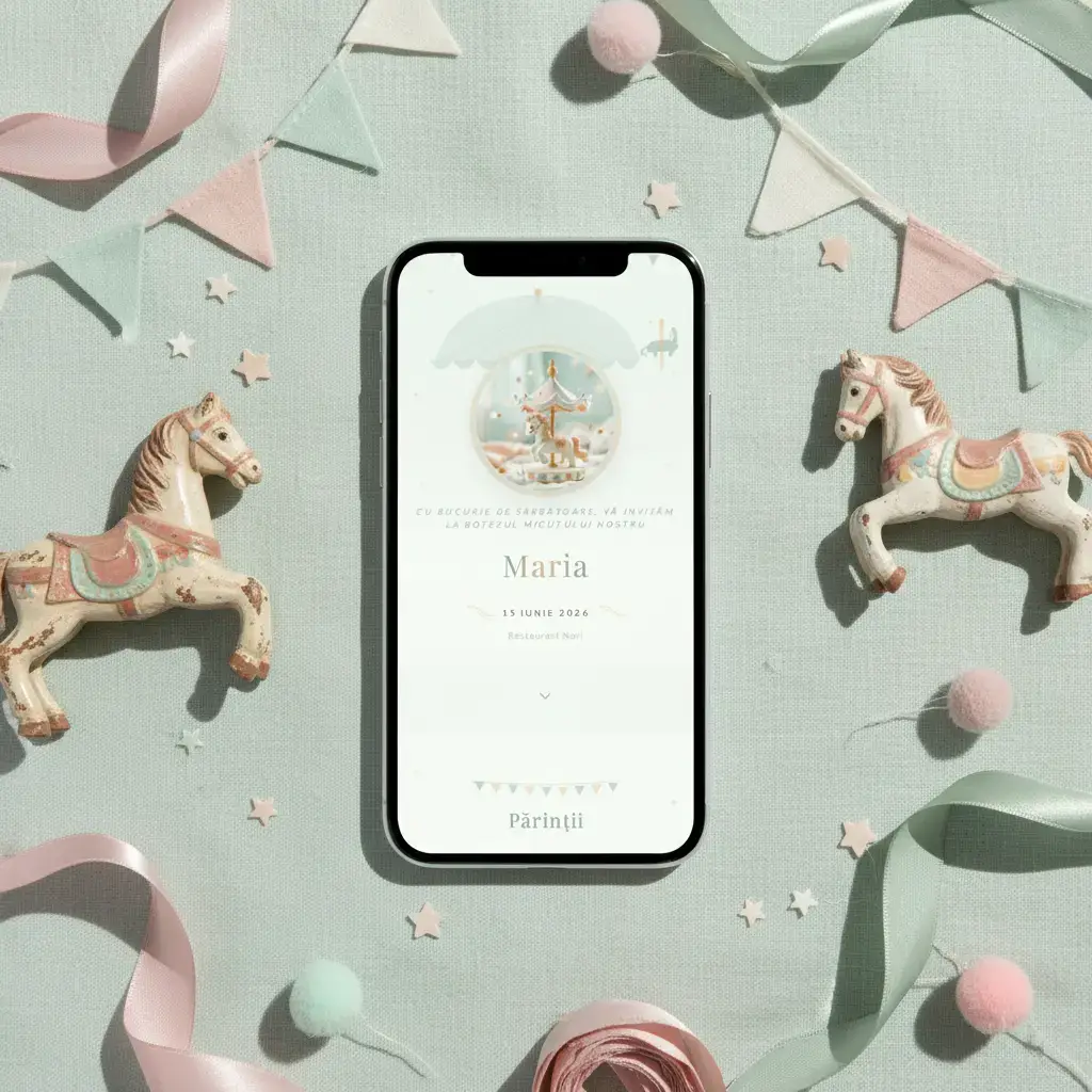 Invitație botez digitală model Caruselul cu RSVP