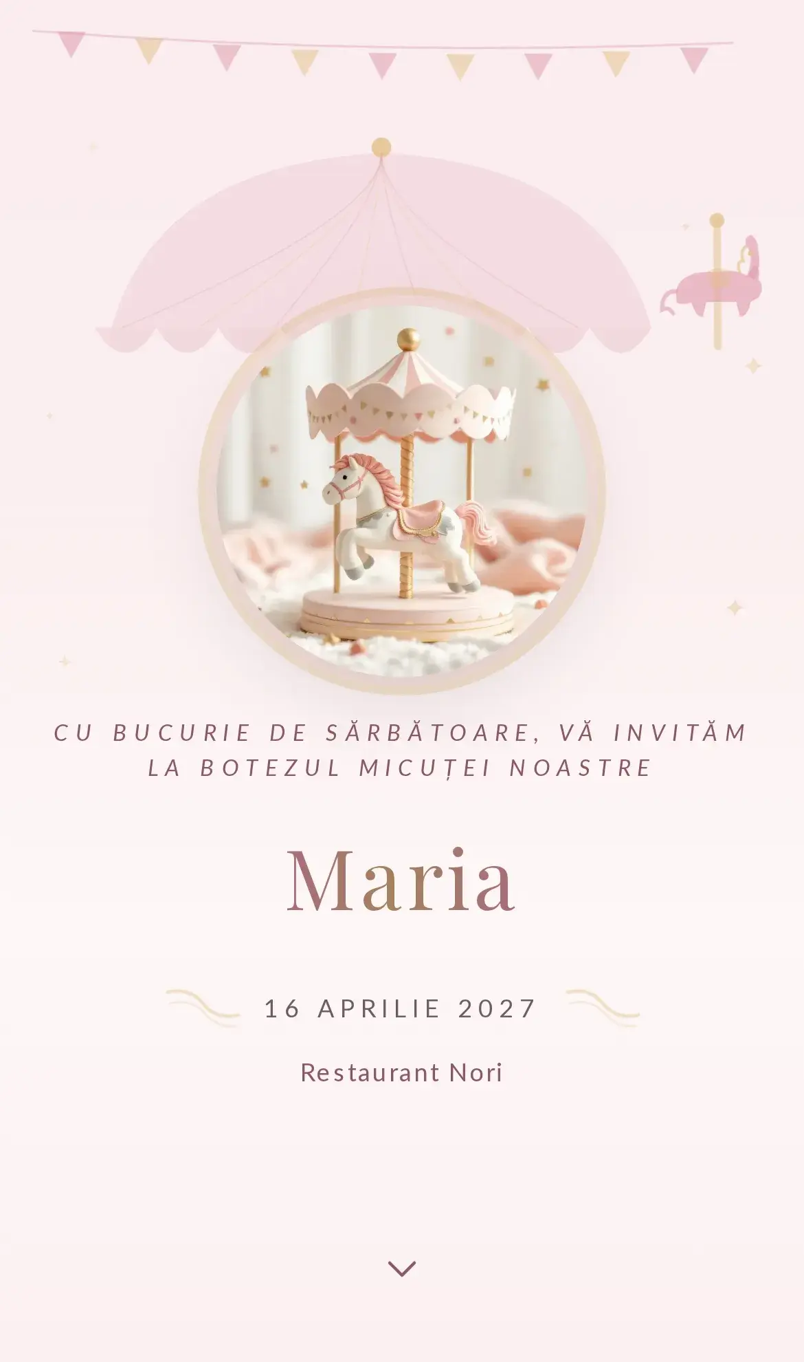 Invitație digitală de botez cu un carusel de poveste în nuanțe gingașe de roz bombon