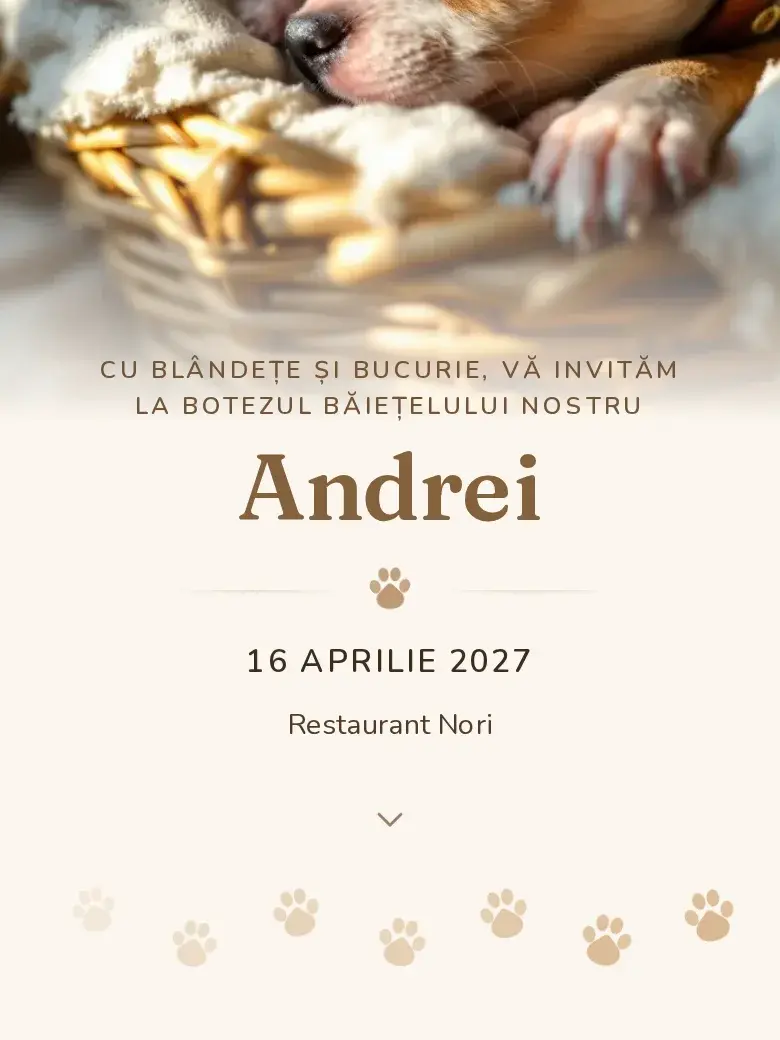Invitație botez digitală model Cățeluș cu RSVP