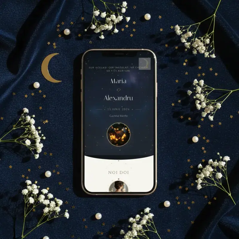 Invitație nuntă digitală model Celestial cu RSVP
