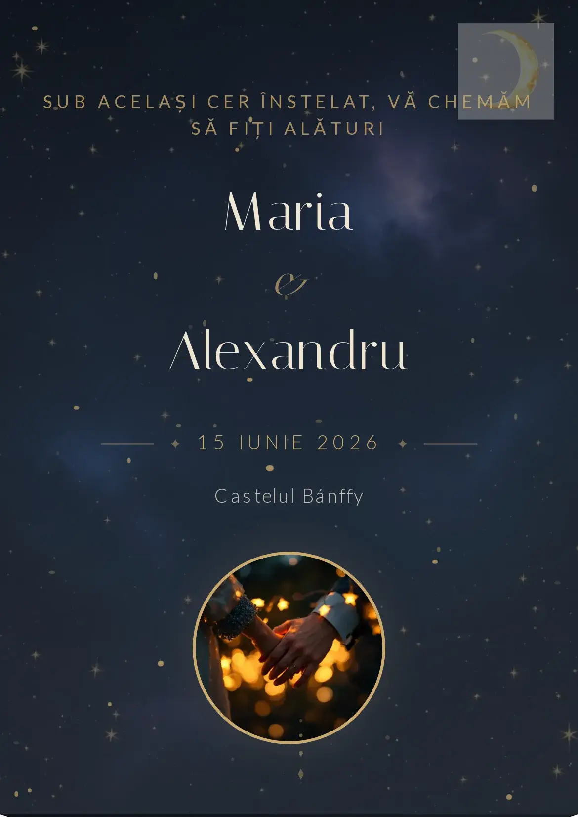 Invitație digitală de nuntă celestială cu stele pe fundal de noapte