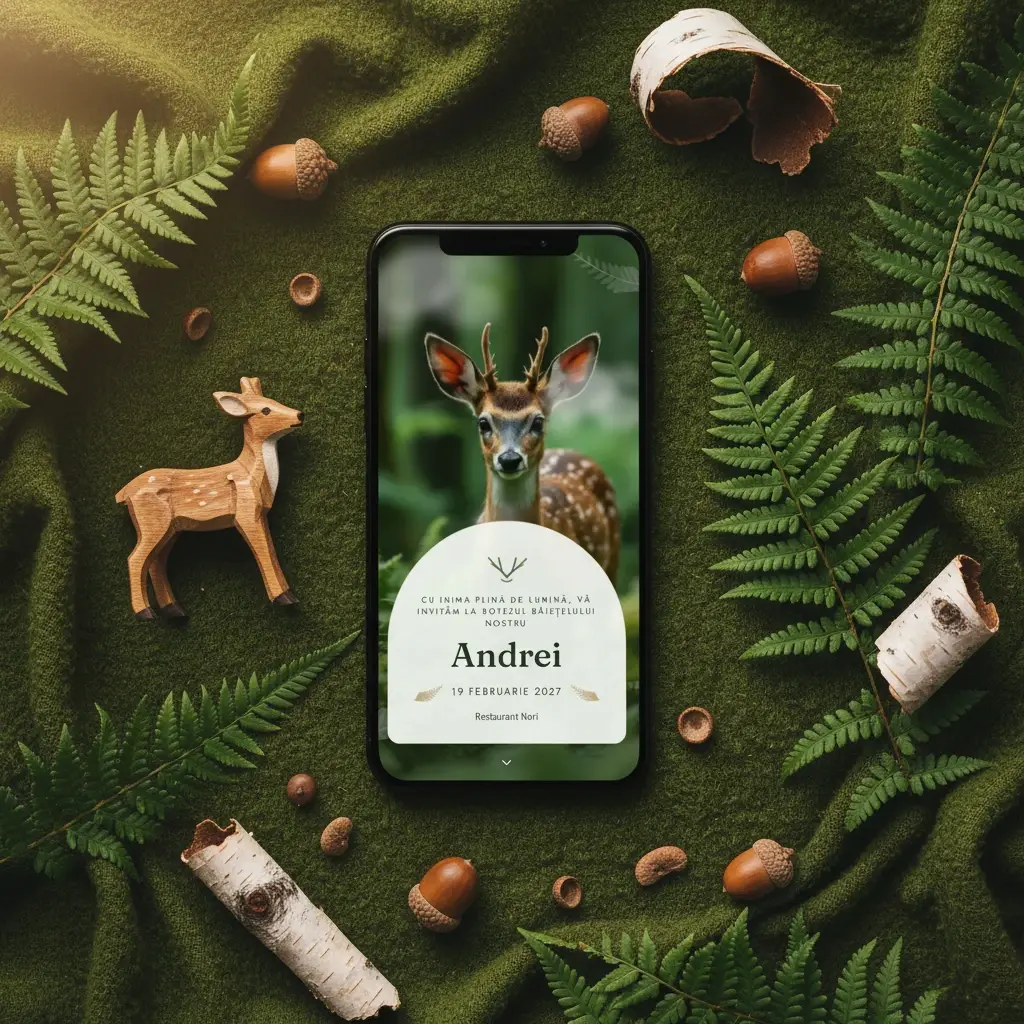 Invitație botez digitală model Cerbuleț cu RSVP