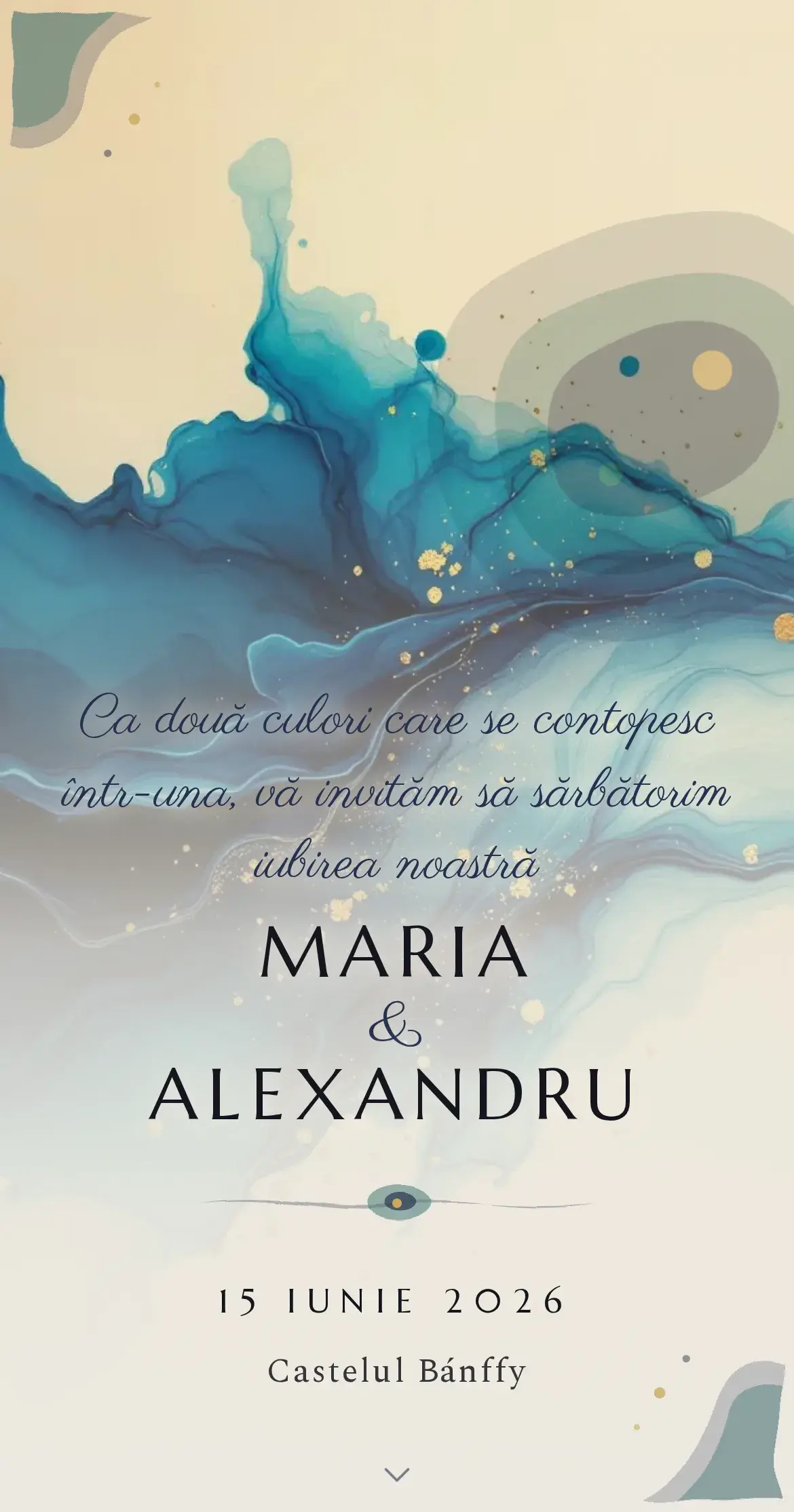 Invitație digitală de nuntă abstractă cu cerneală indigo curgătoare și accente aurii
