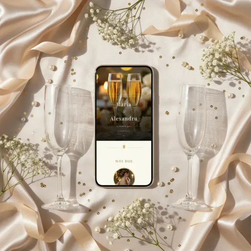 Invitație nuntă digitală model Champagne cu RSVP