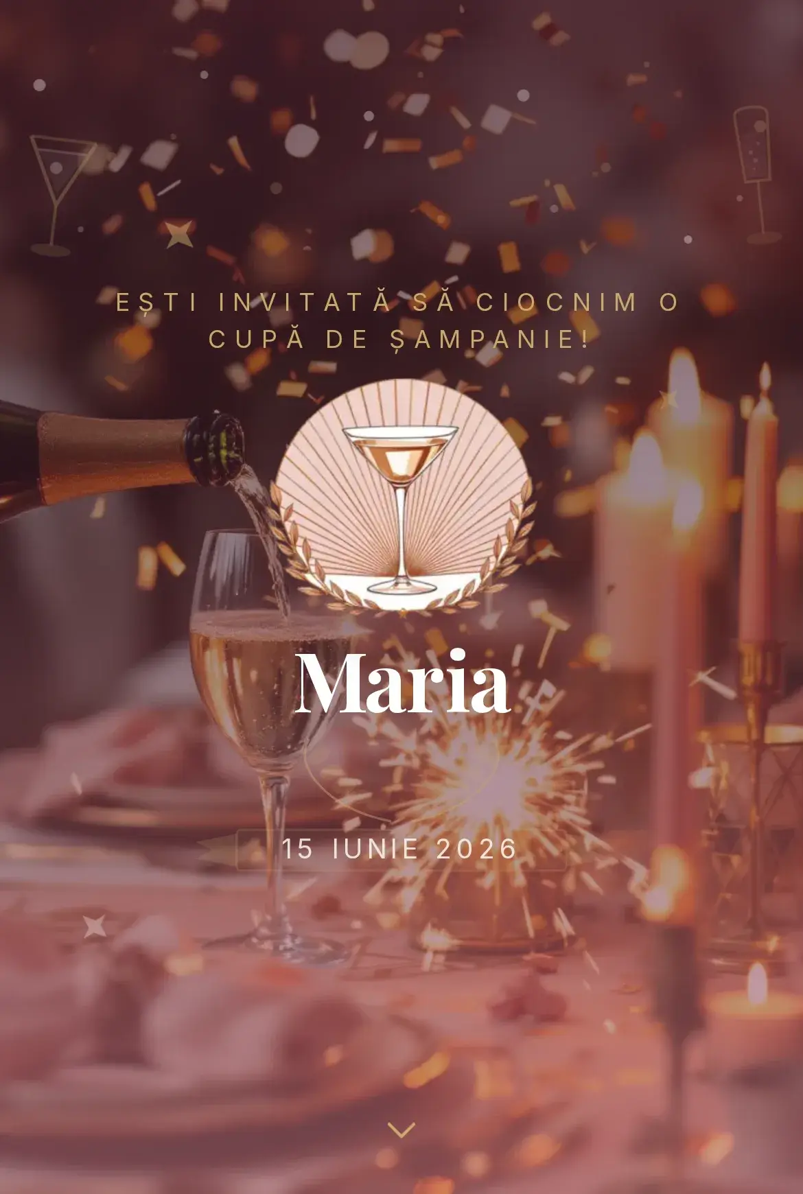 Invitație digitală de aniversare cu tematică de toast în nuanțe de roz